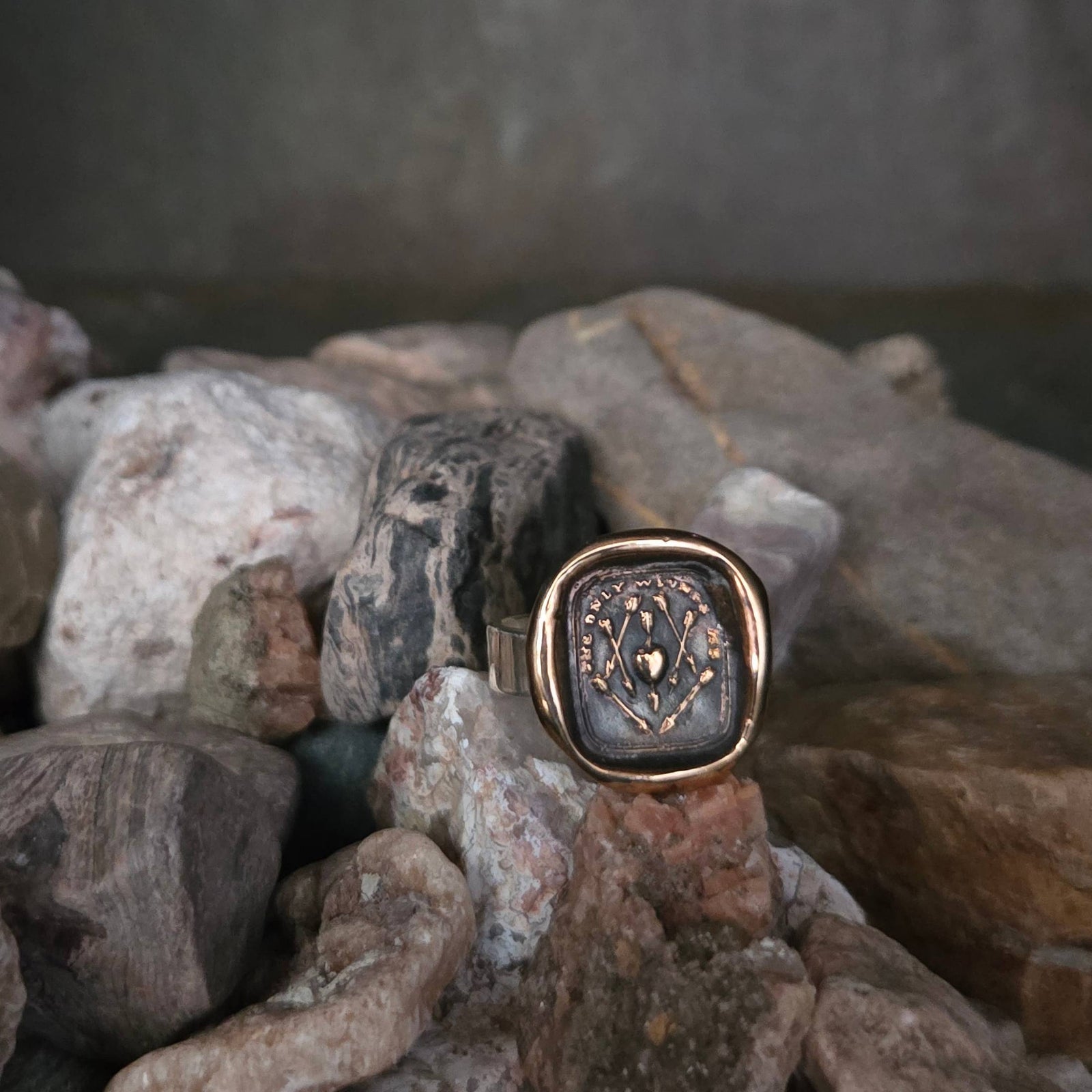 Hearts and Arrows Seal Ring, Bronze on Sterling, Size 8.5