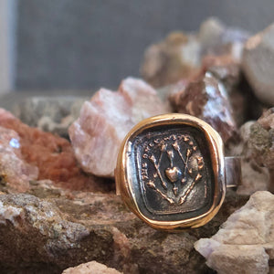 Hearts and Arrows Seal Ring, Bronze on Sterling, Size 8.5