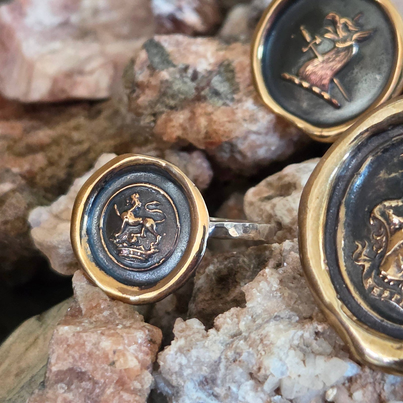 Lion Passant on Crown Seal Ring, Bronze on Sterling, Size 8