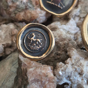 Lion Passant on Crown Seal Ring, Bronze on Sterling, Size 8