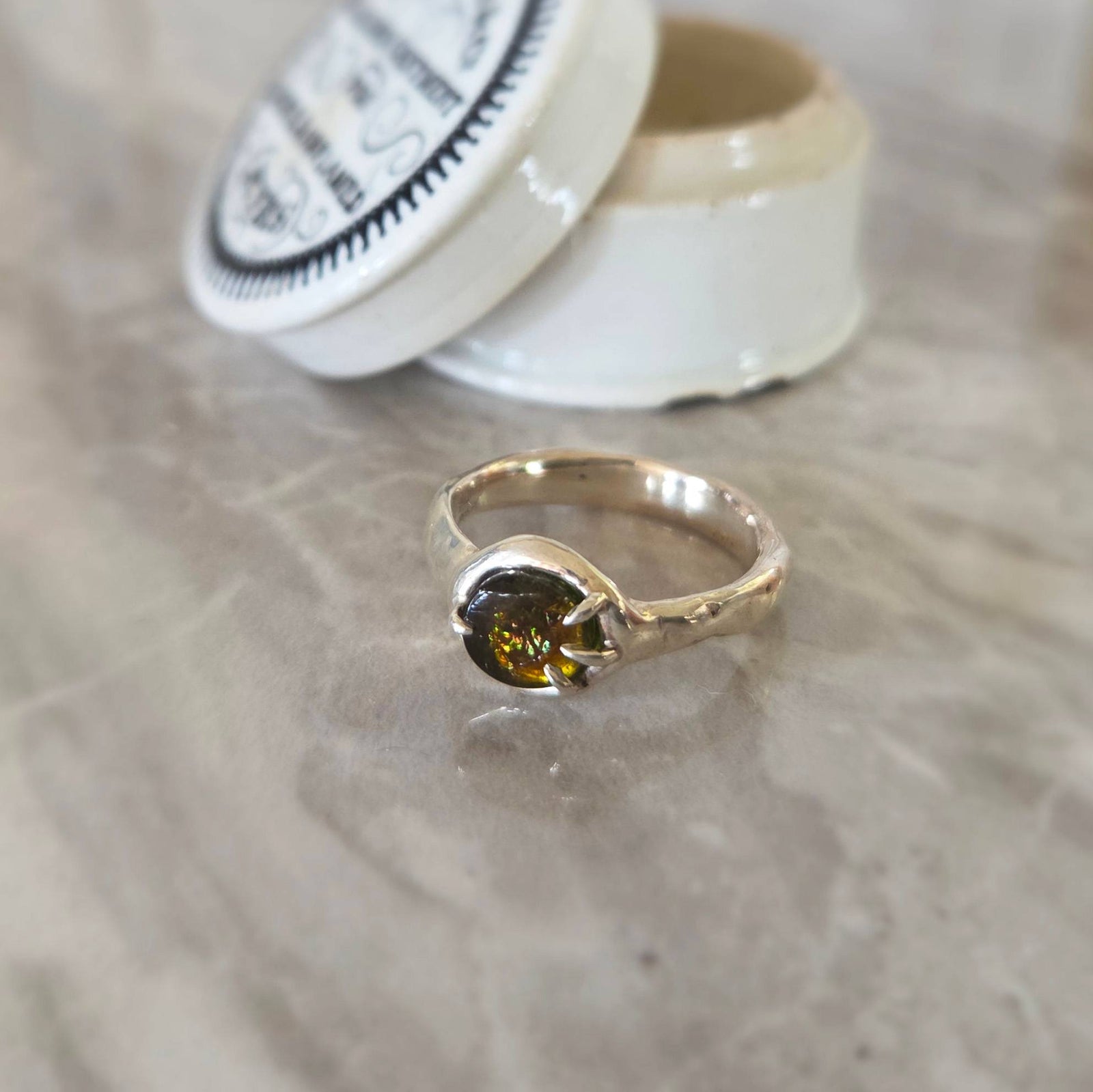 Fairytale Ring with Olive Tourmaline, Sterling Silver, Size 7.25