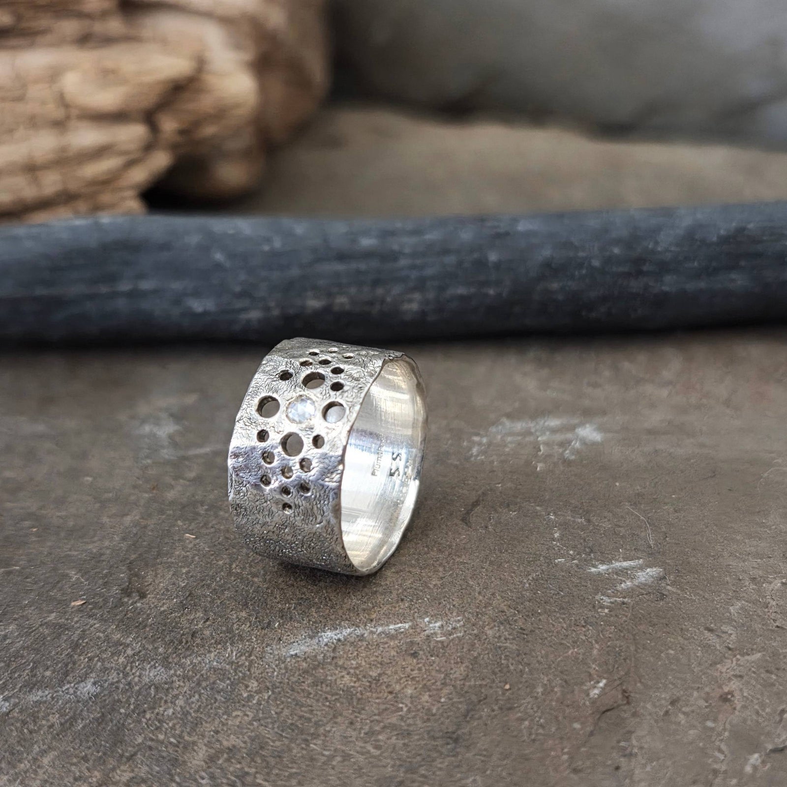 Wide Band with Moissanite, Sterling Silver, Size 7.5