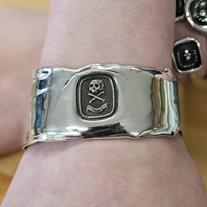 Wide Heavy Cuff Bracelet, "Death or Glory" Seal, Sterling Silver