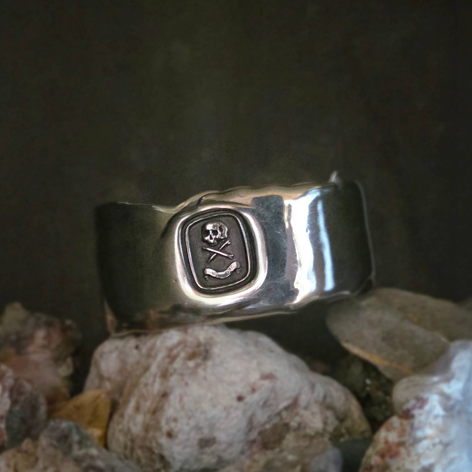 Wide Heavy Cuff Bracelet, "Death or Glory" Seal, Sterling Silver