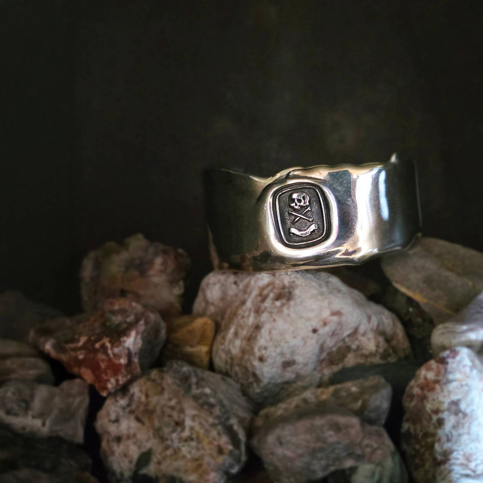 Wide Heavy Cuff Bracelet, "Death or Glory" Seal, Sterling Silver