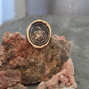 Heraldic Bird Crest Seal Ring, Bronze on Sterling, Size 8.5