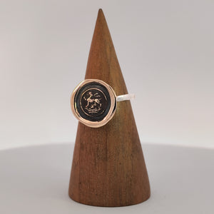 Lion Passant on Crown Seal Ring, Bronze on Sterling, Size 8