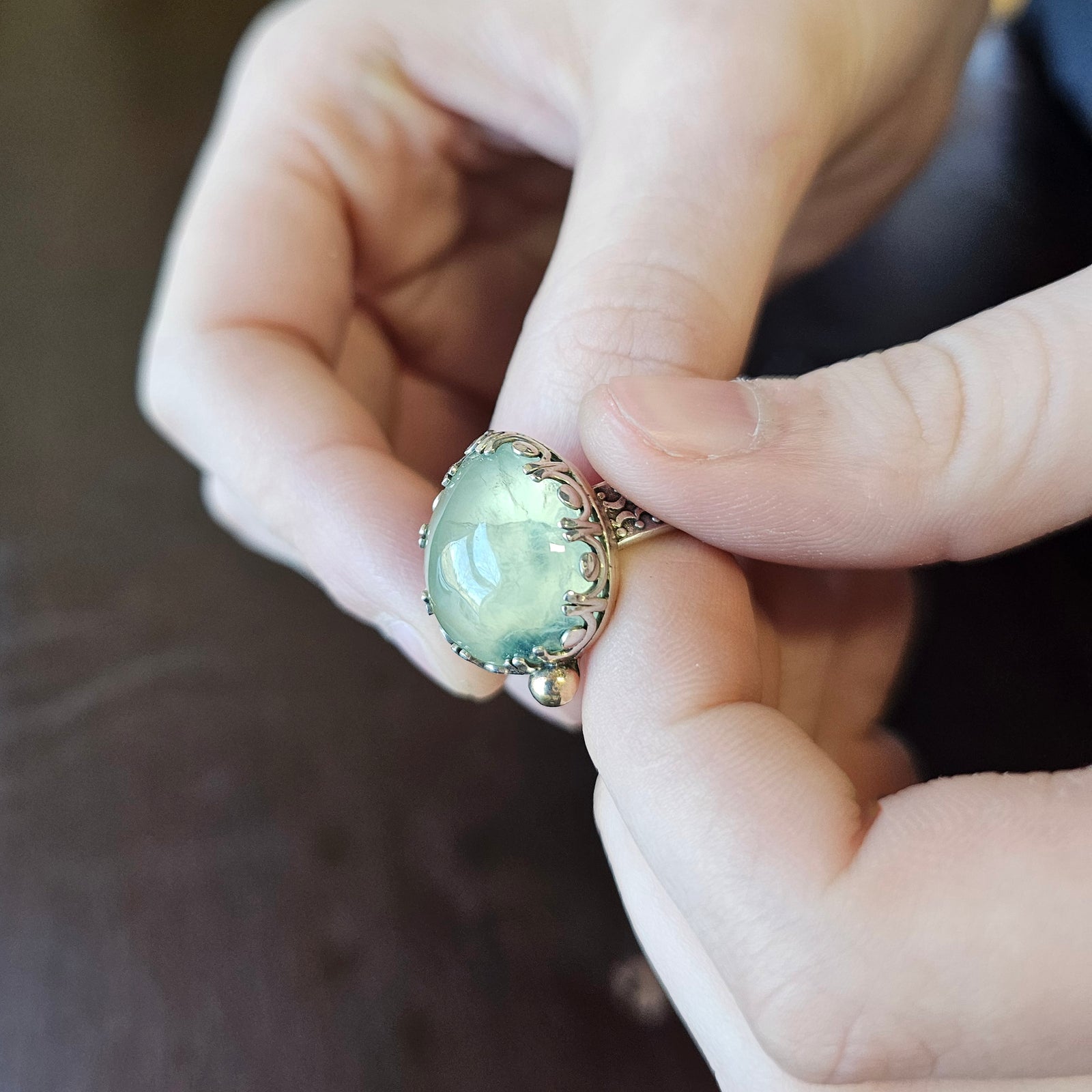 Fairytale Ring with Prehnite, Sterling Silver + 10k Accent, Size 9