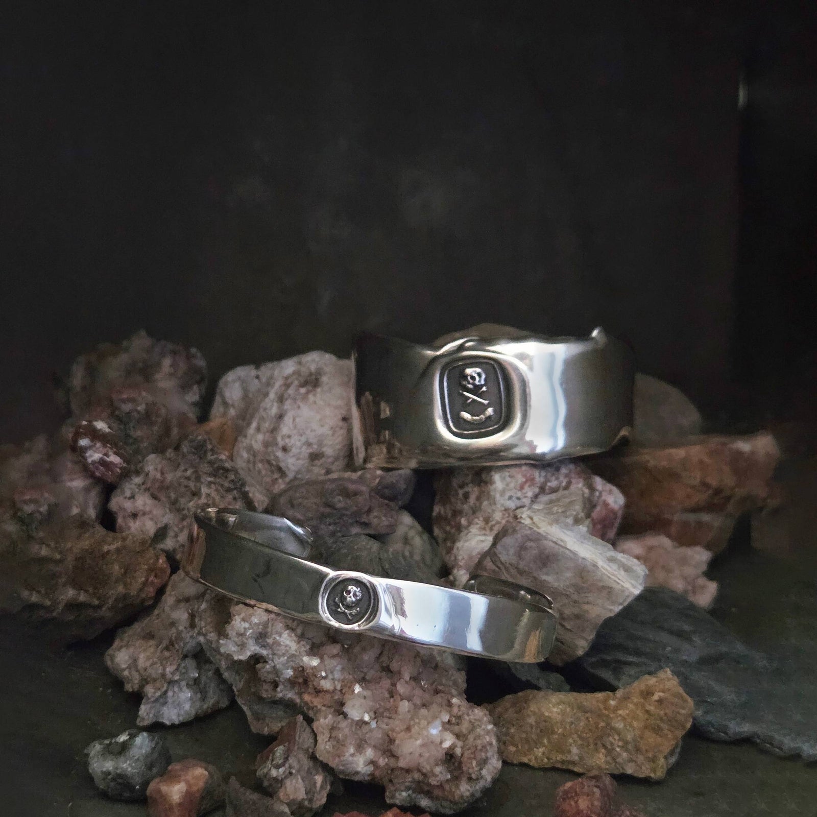 Wide Heavy Cuff Bracelet, "Death or Glory" Seal, Sterling Silver