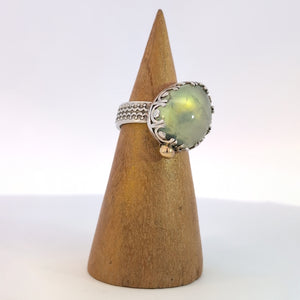 Fairytale Ring with Prehnite, Sterling Silver + 10k Accent, Size 9