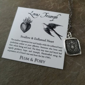 Loves Triumph - Swallow and Enflamed Heart Necklace