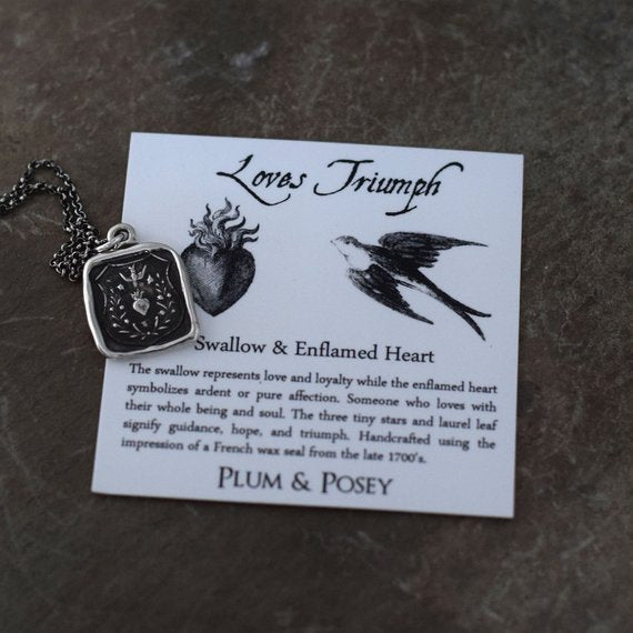Loves Triumph - Swallow and Enflamed Heart Necklace