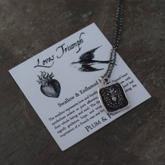 Loves Triumph - Swallow and Enflamed Heart Necklace