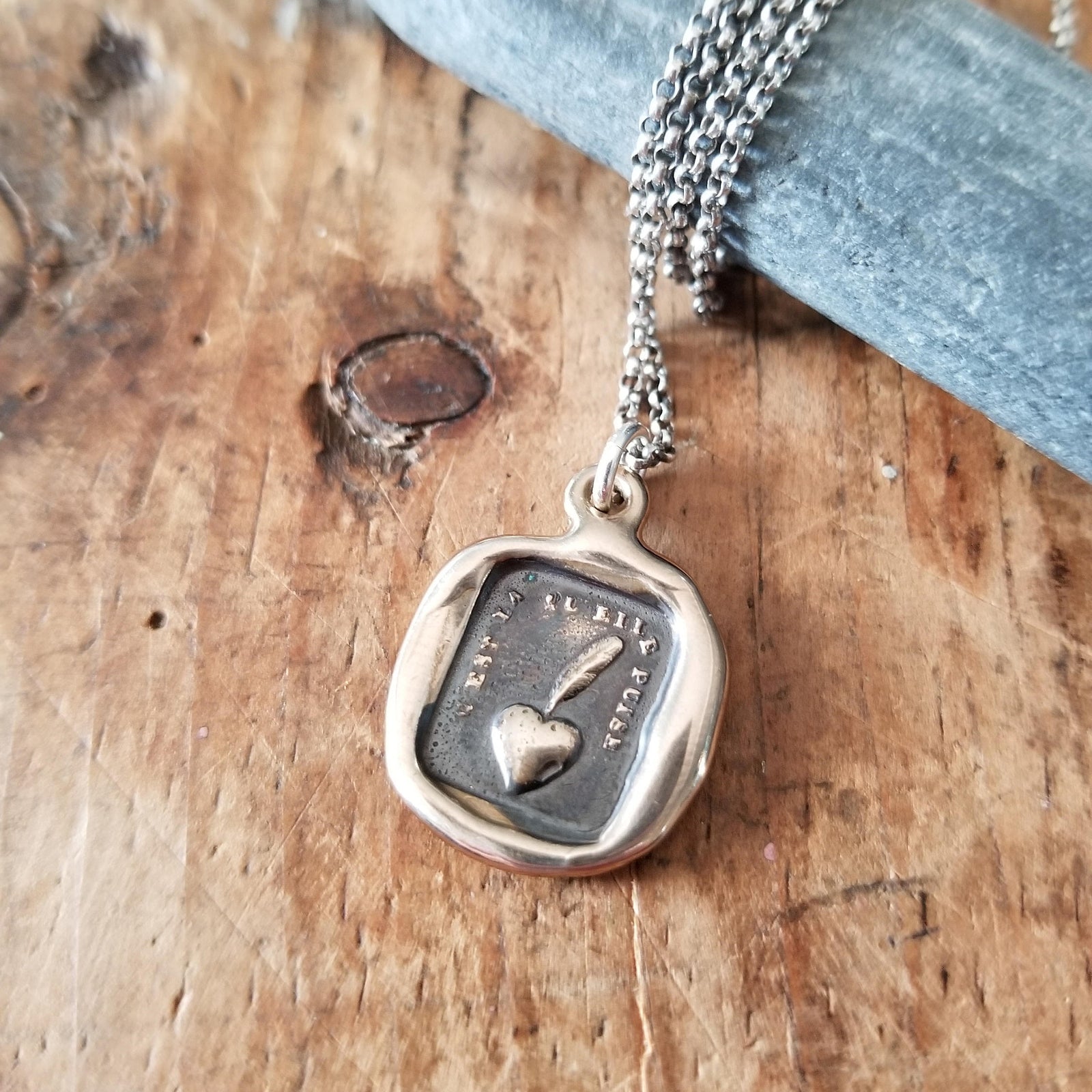 Bronze Heart and Feather Necklace - My heart is sincere