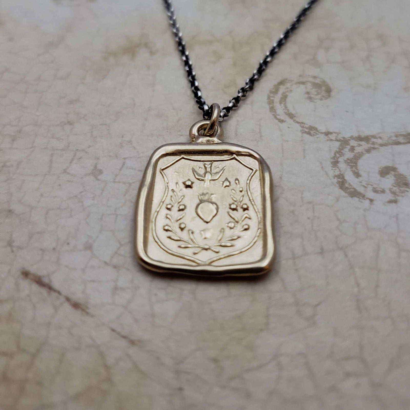 Swallow and Enflamed Heart Wax Seal Pendant in Gold Vermeil