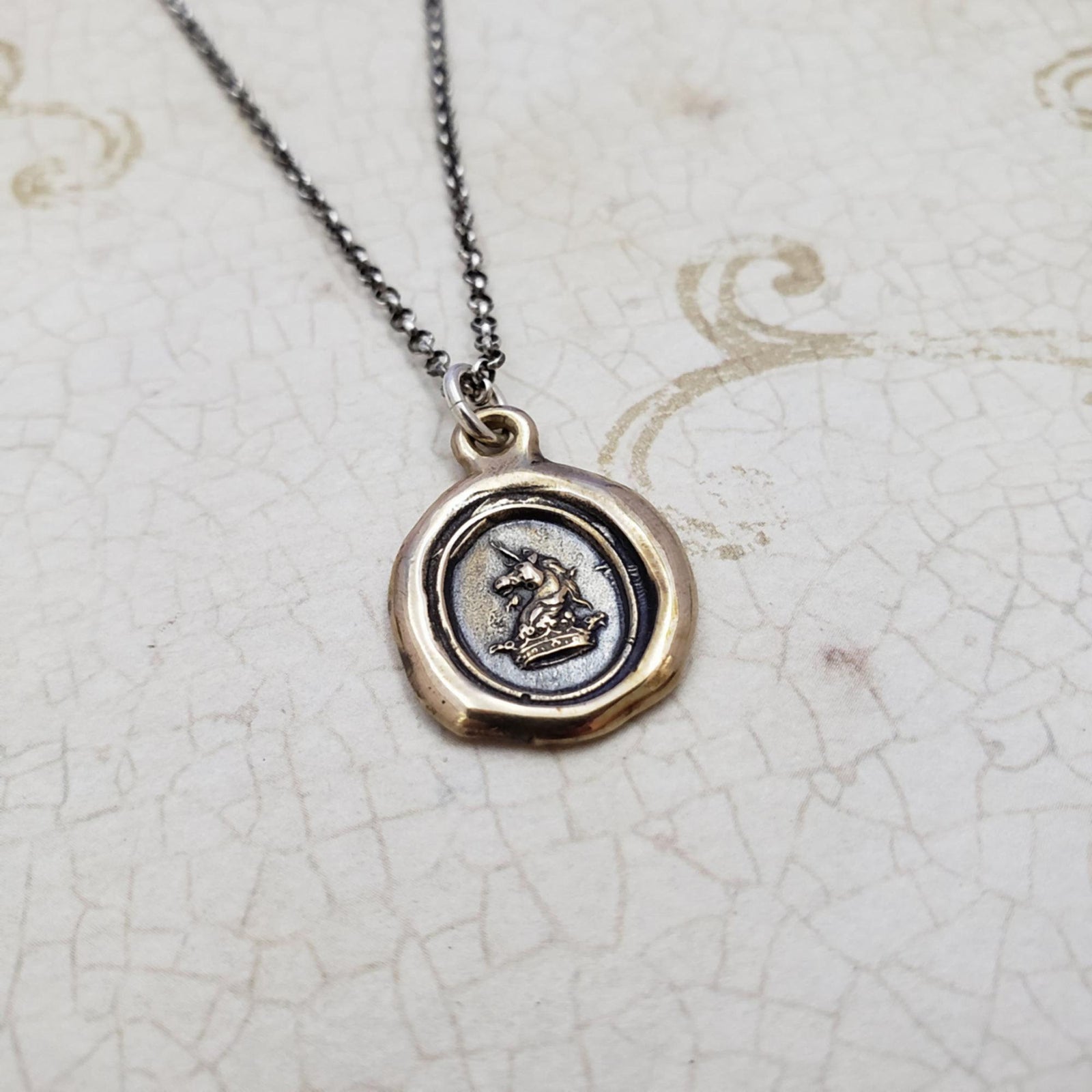 Unicorn & Crown Heraldic Wax Seal Pendant in Bronze