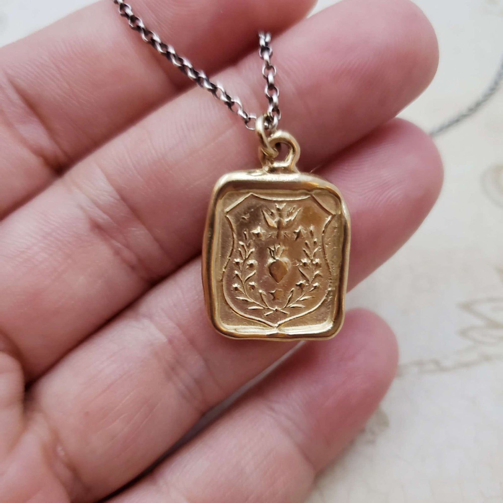 Swallow and Enflamed Heart Wax Seal Pendant in Gold Vermeil