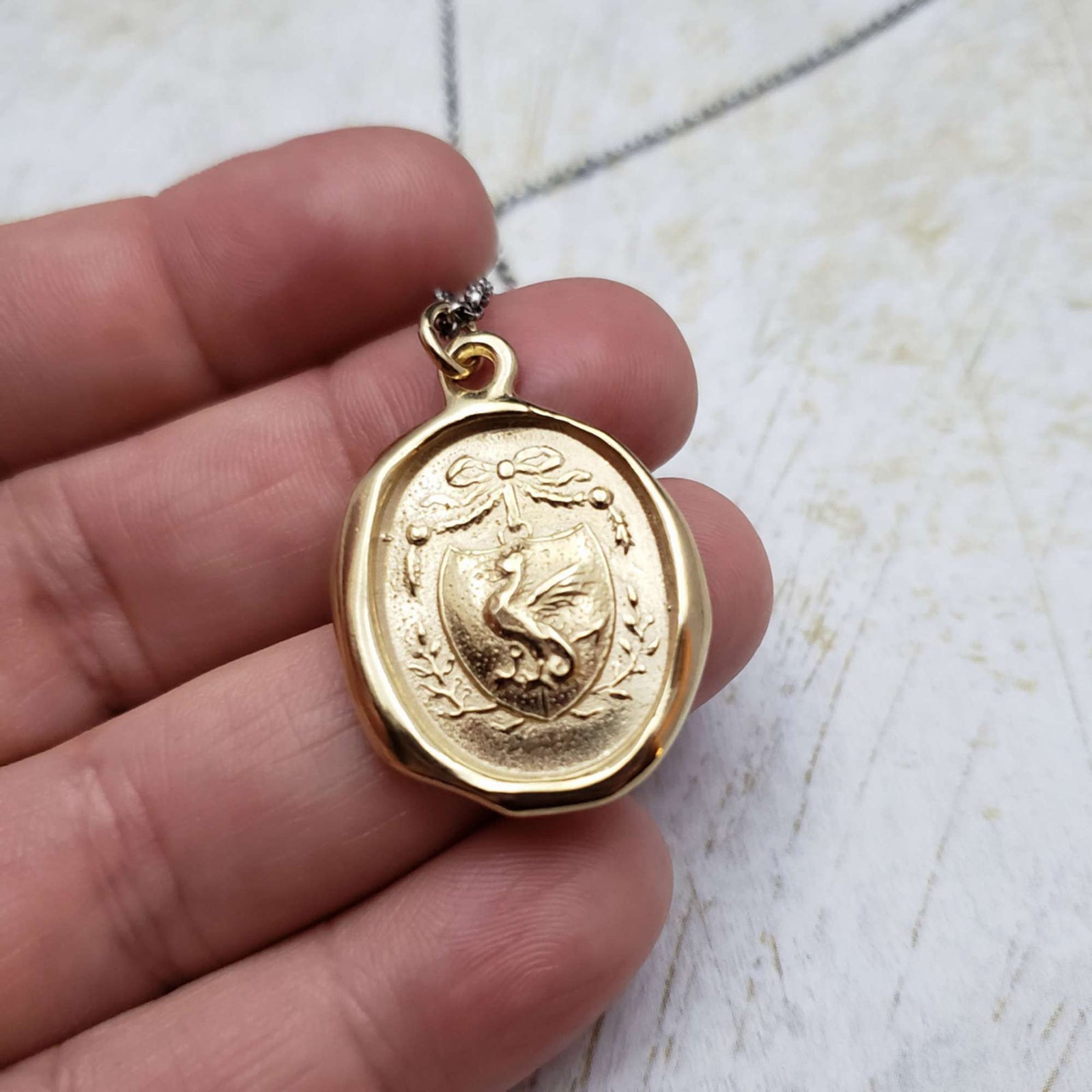 Dragons Crest Wax Seal Necklace in Gold Vermeil