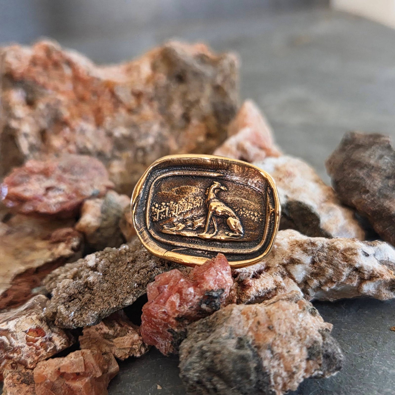 Greyhound Seal Ring, Bronze on Sterling, Size 8.25