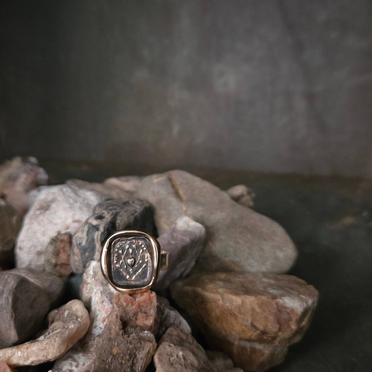 Hearts and Arrows Seal Ring, Bronze on Sterling, Size 8.5