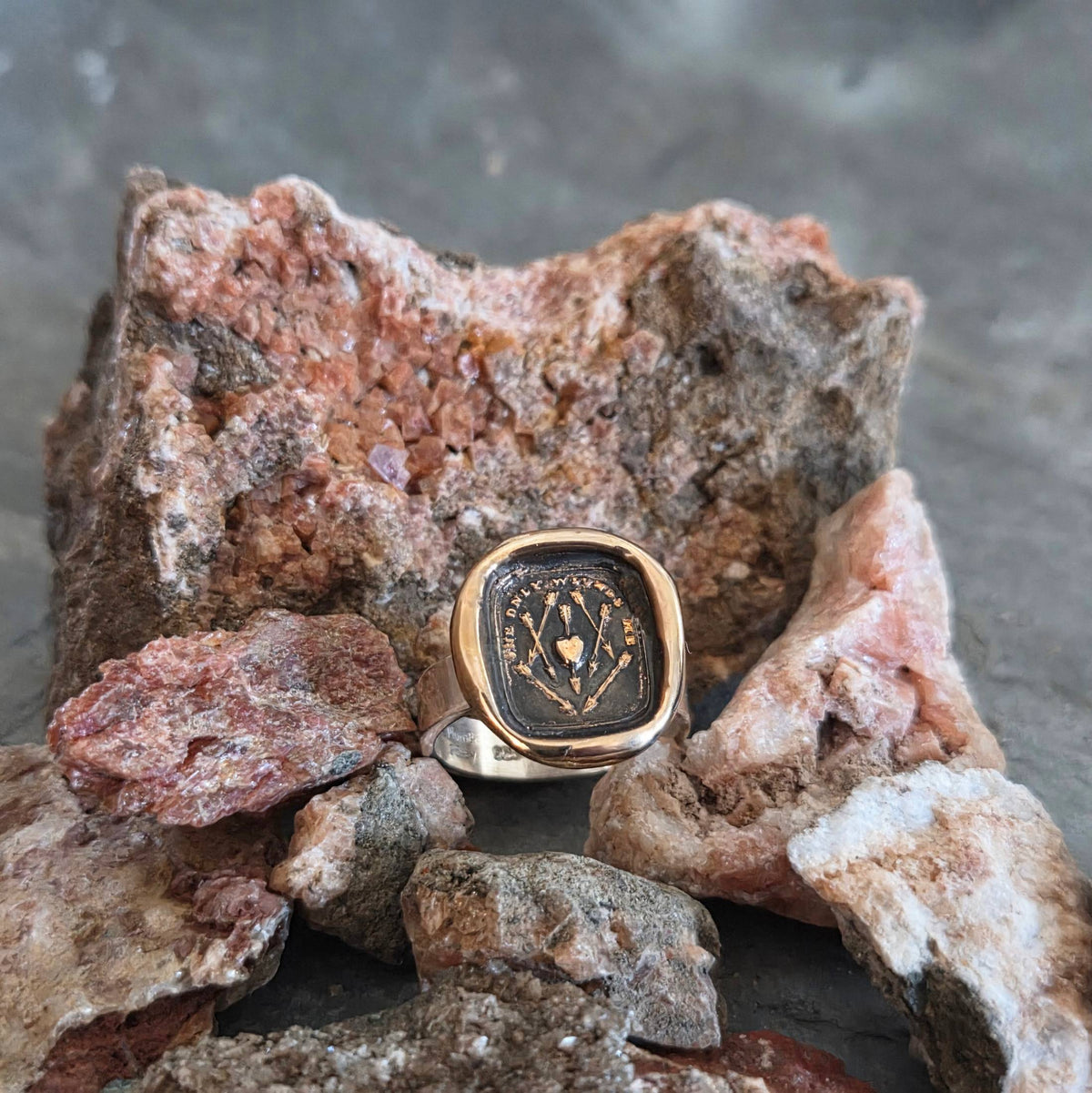 Hearts and Arrows Seal Ring, Bronze on Sterling, Size 8.5