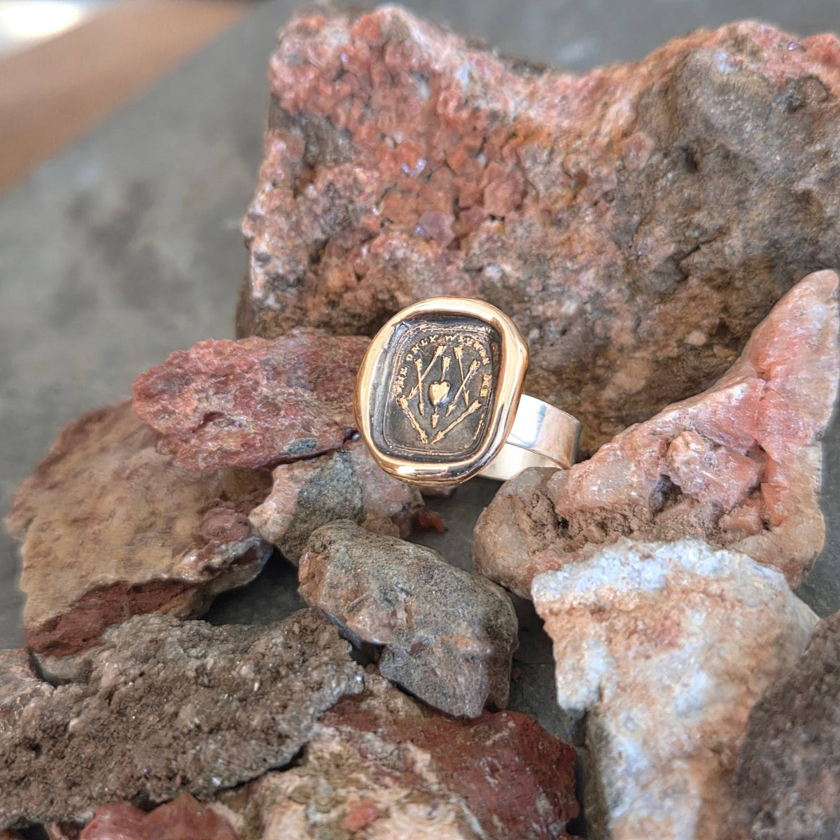 Hearts and Arrows Seal Ring, Bronze on Sterling, Size 8.5