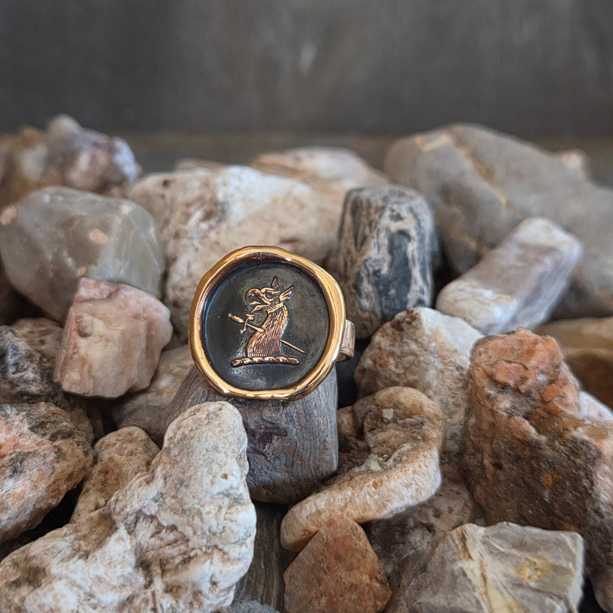 Gryphon Head and Sword Seal Ring, Bronze on Sterling, Size 7.5