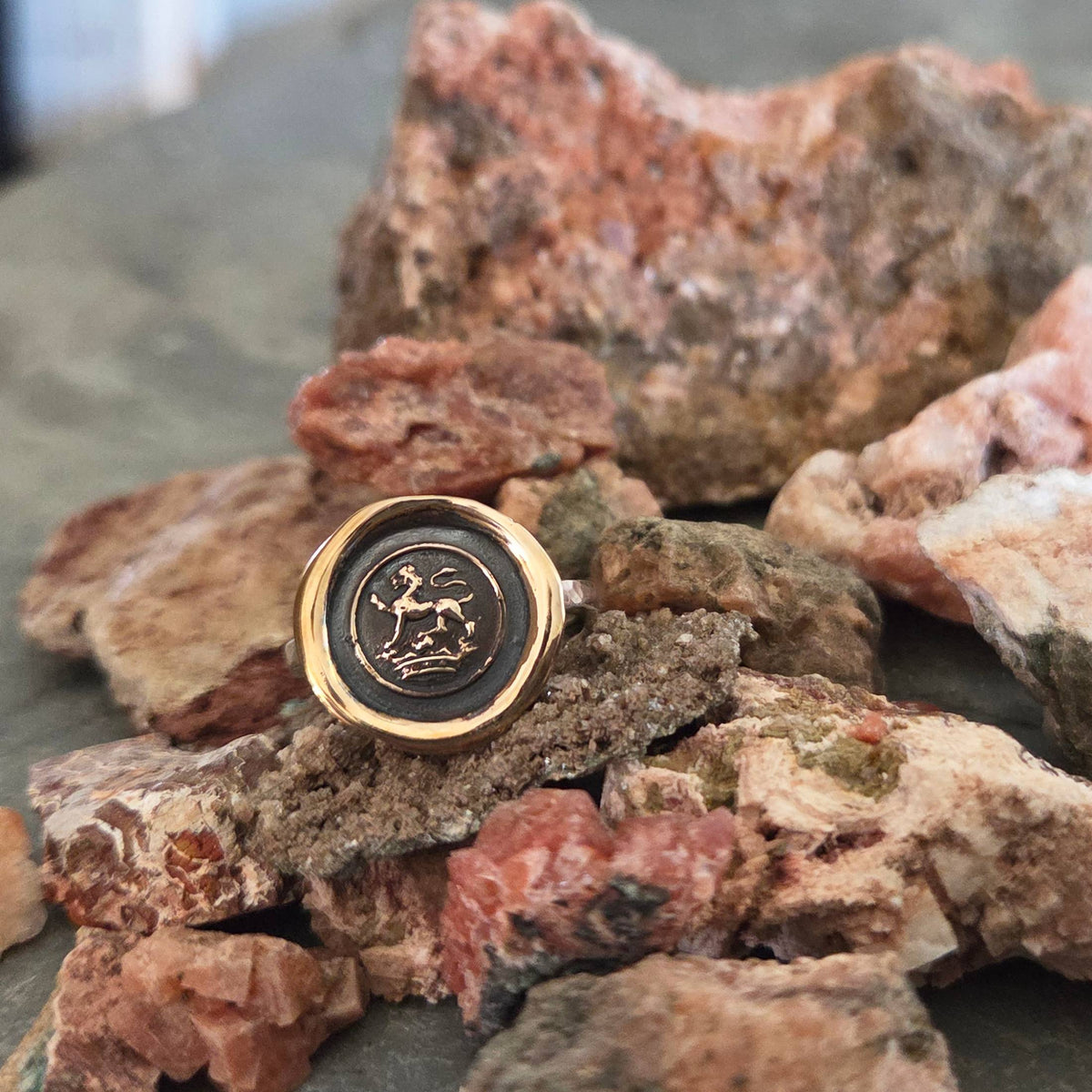 Lion Passant on Crown Seal Ring, Bronze on Sterling, Size 8