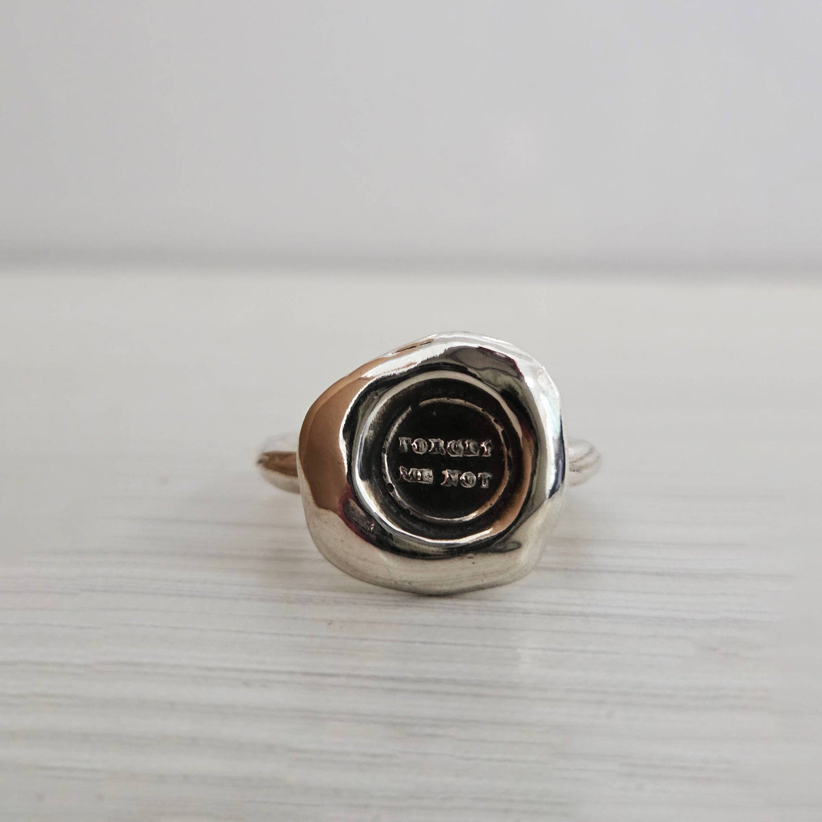 “Forget Me Not” Text Seal Ring, Sterling Silver, Size 7.5