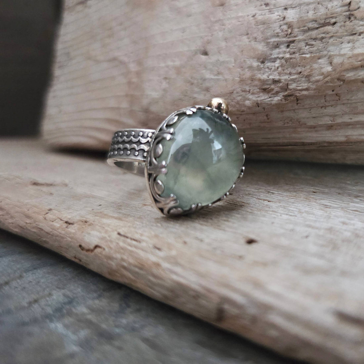 Fairytale Ring with Prehnite, Sterling Silver + 10k Accent, Size 9