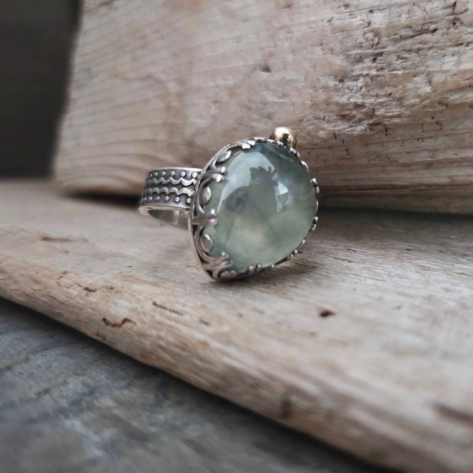 Fairytale Ring with Prehnite, Sterling Silver + 10k Accent, Size 9