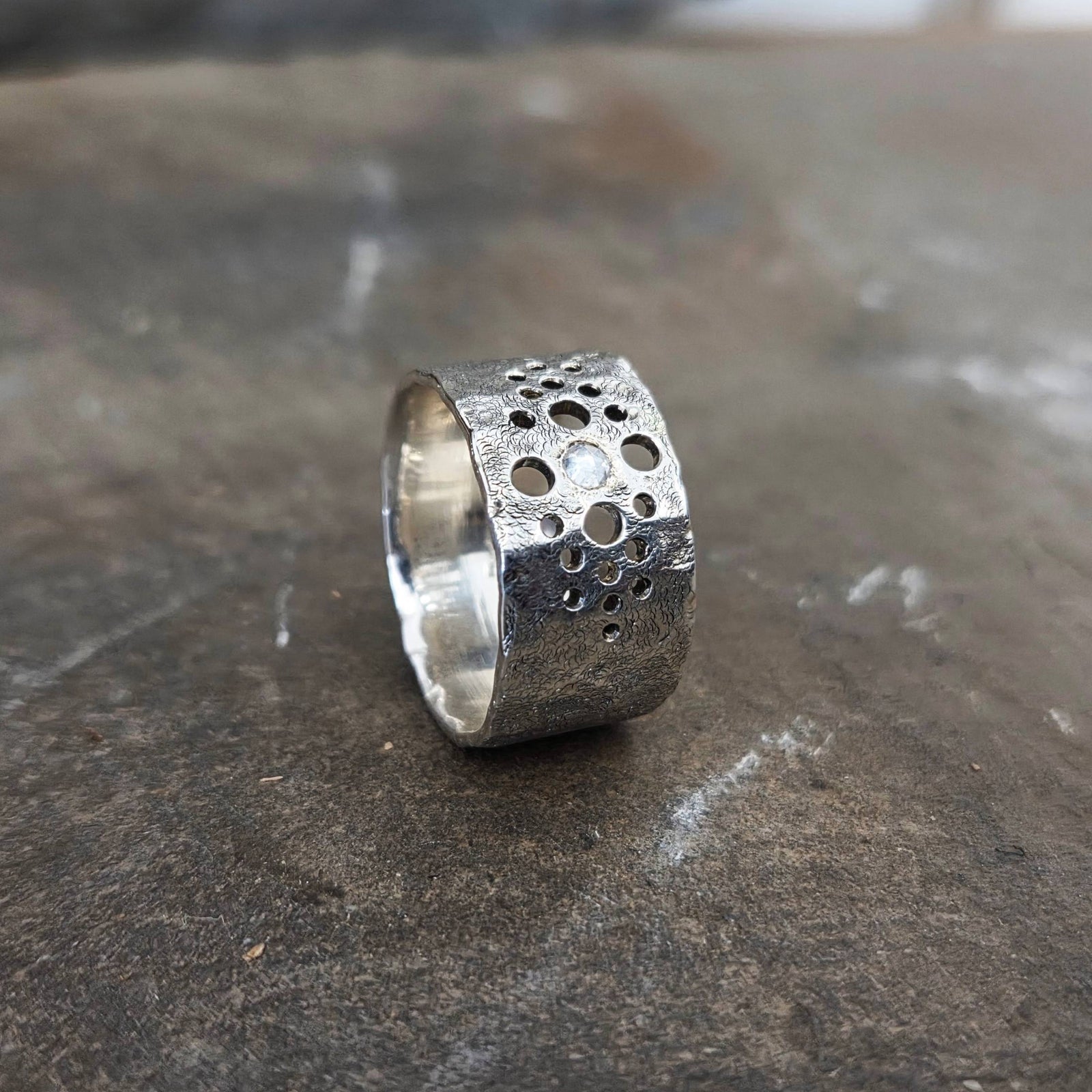 Wide Band with Moissanite, Sterling Silver, Size 7.5