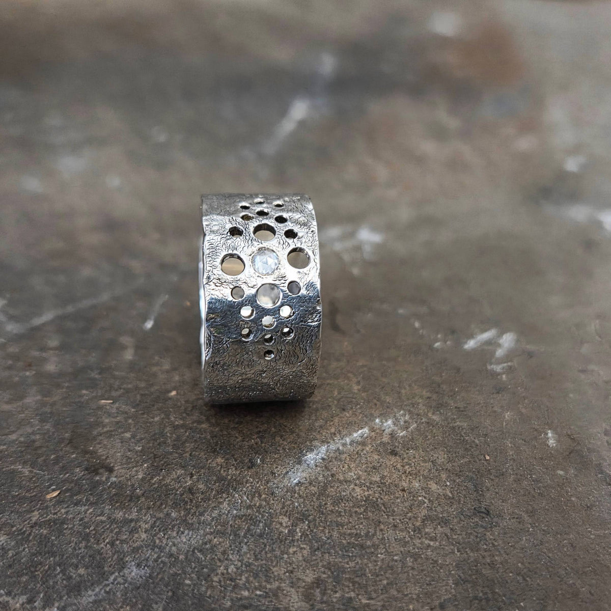 Wide Band with Moissanite, Sterling Silver, Size 7.5