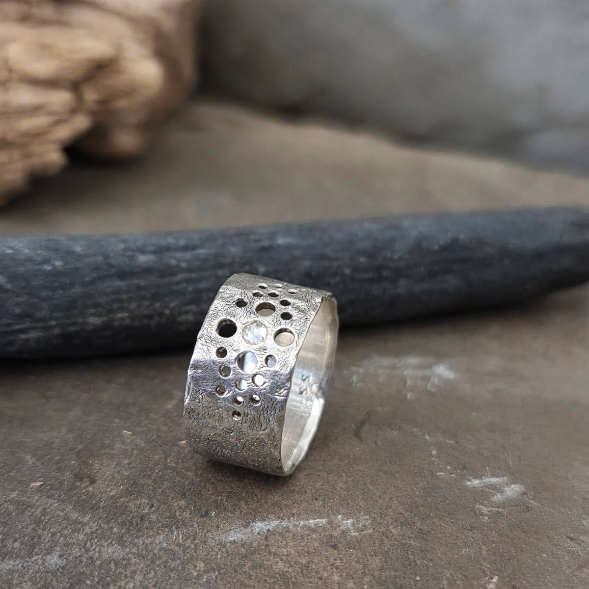 Wide Band with Moissanite, Sterling Silver, Size 7.5