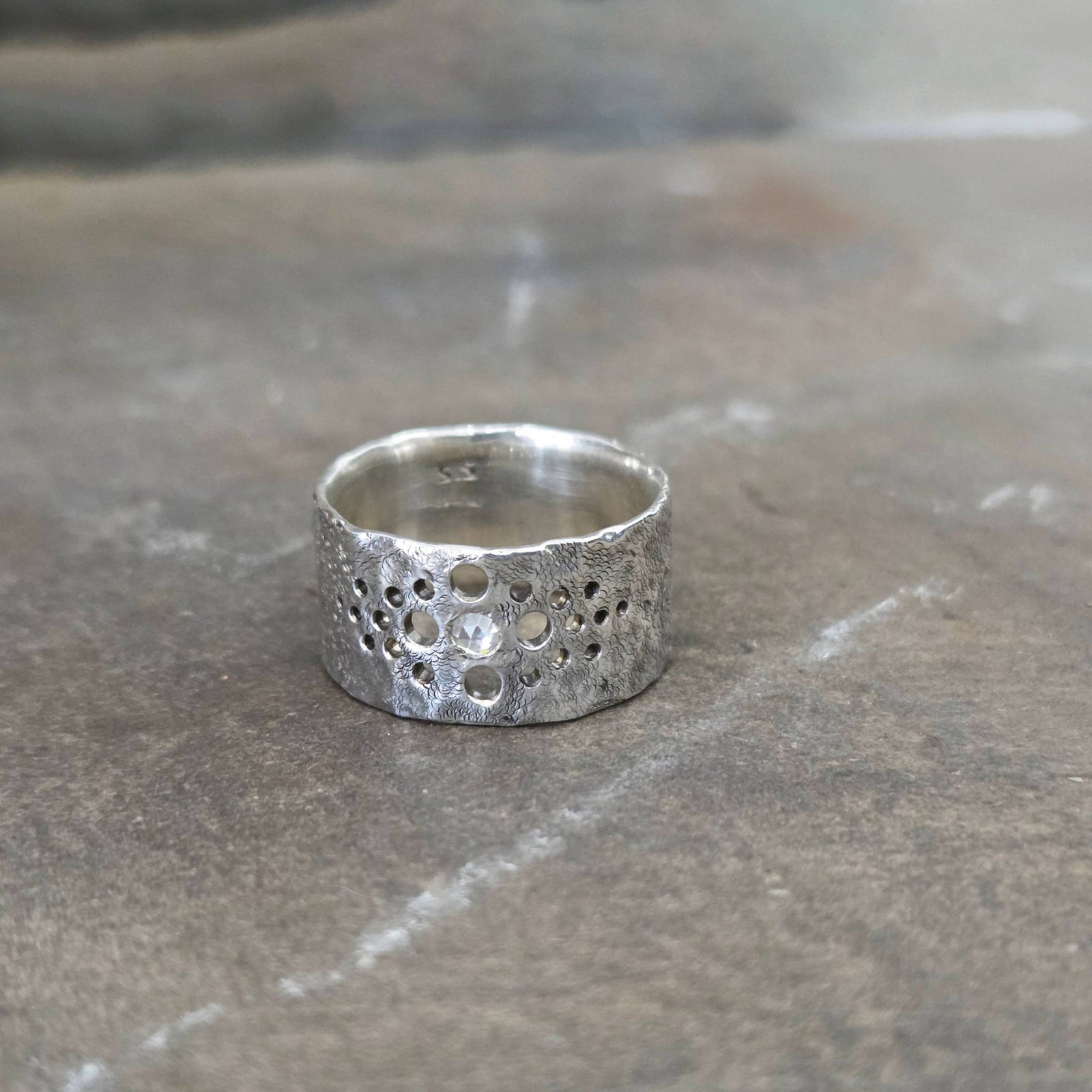 Wide Band with Moissanite, Sterling Silver, Size 7.5