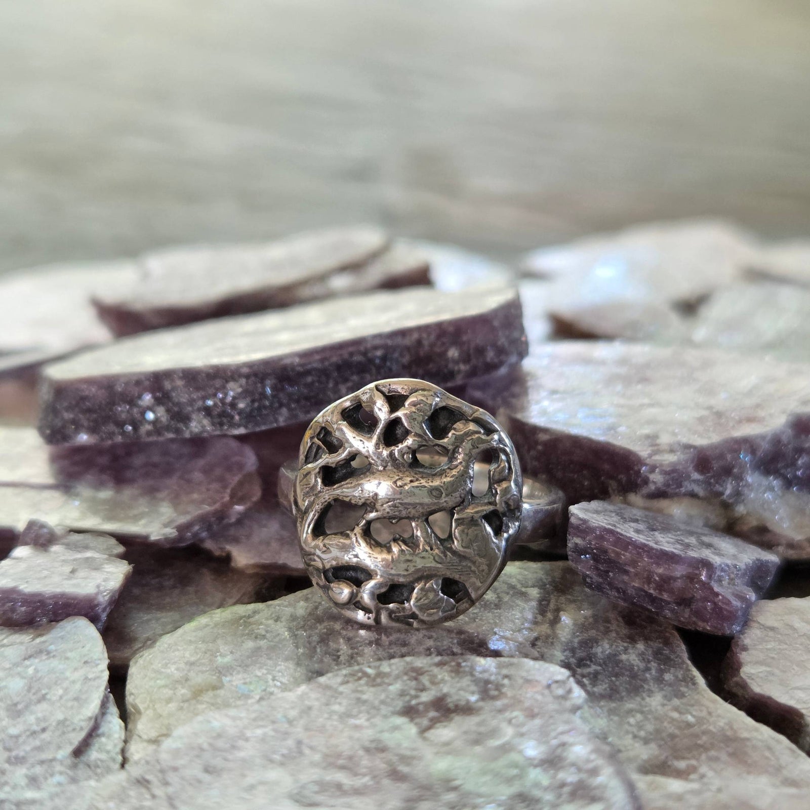 Pheasant Button Ring, Sterling Silver, Size 8