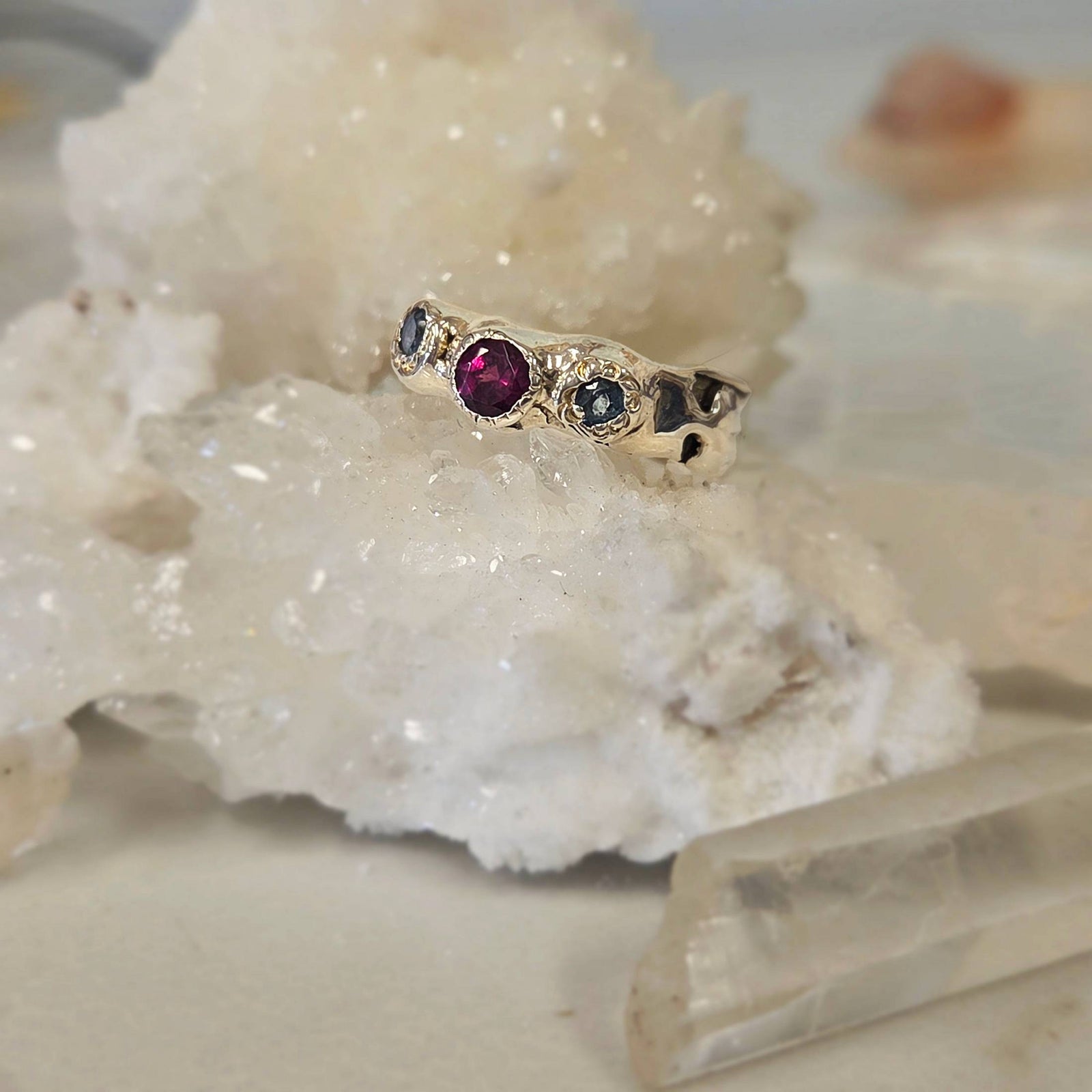 Rhodolite Garnet and Blue Topaz Trio, Sterling Silver, Size 8.25