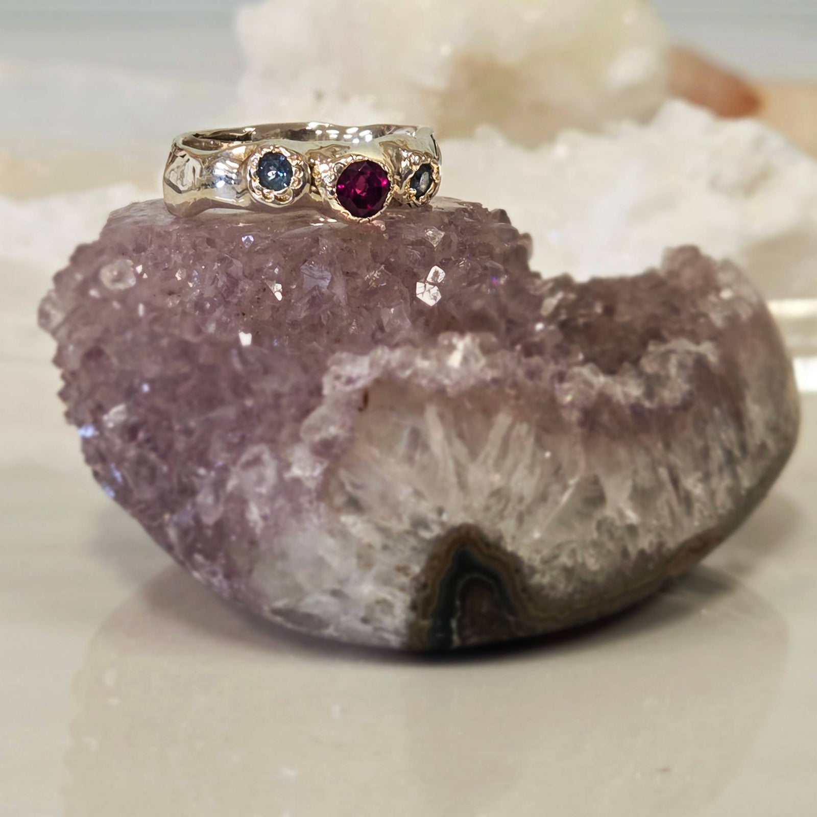 Rhodolite Garnet and Blue Topaz Trio, Sterling Silver, Size 8.25