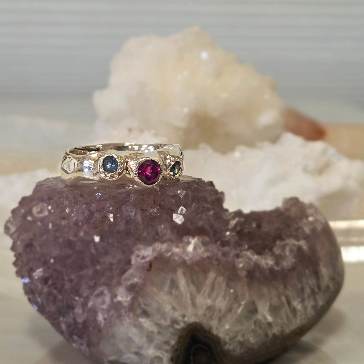 Rhodolite Garnet and Blue Topaz Trio, Sterling Silver, Size 8.25