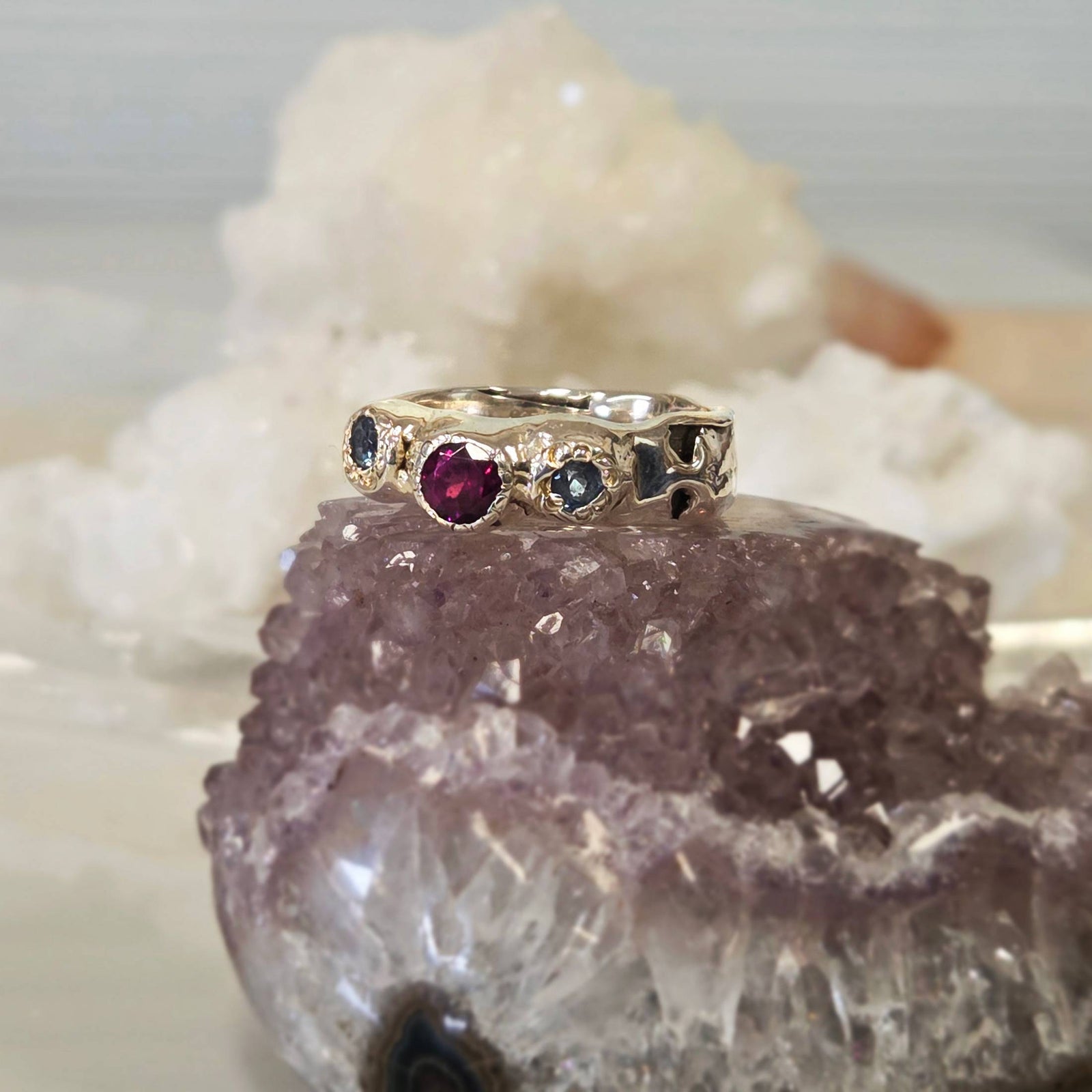 Rhodolite Garnet and Blue Topaz Trio, Sterling Silver, Size 8.25