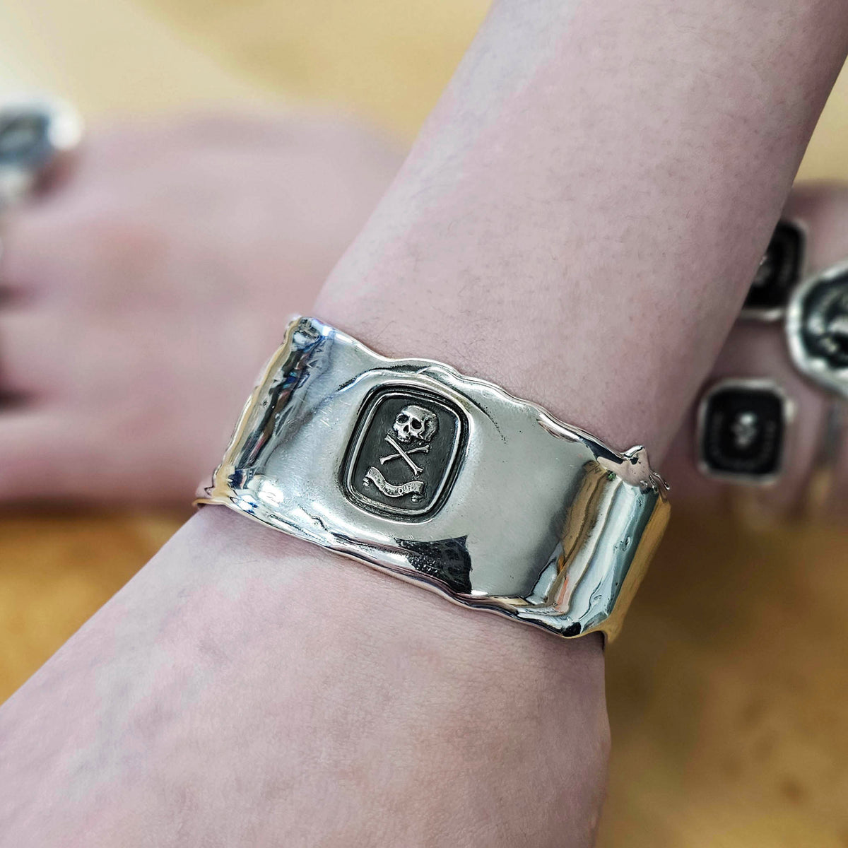 Wide Heavy Cuff Bracelet, &quot;Death or Glory&quot; Seal, Sterling Silver