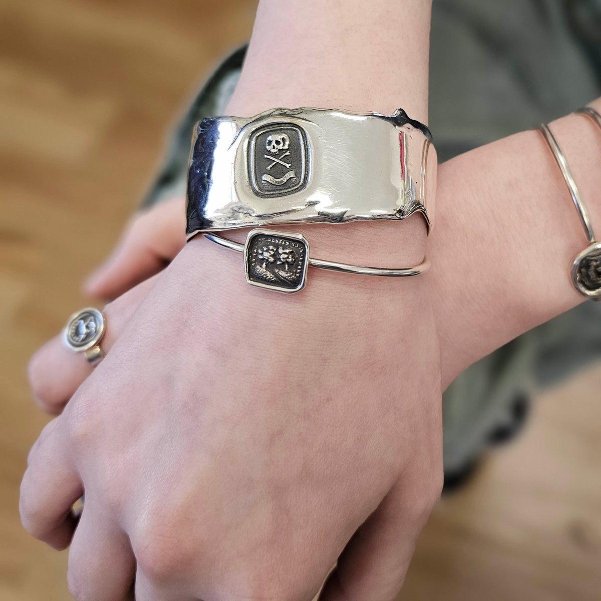 Wide Heavy Cuff Bracelet, &quot;Death or Glory&quot; Seal, Sterling Silver