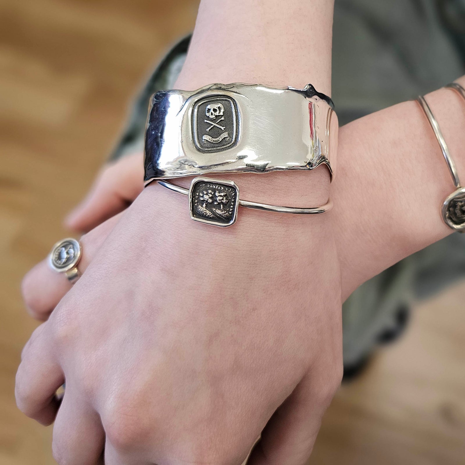 Wide Heavy Cuff Bracelet, "Death or Glory" Seal, Sterling Silver