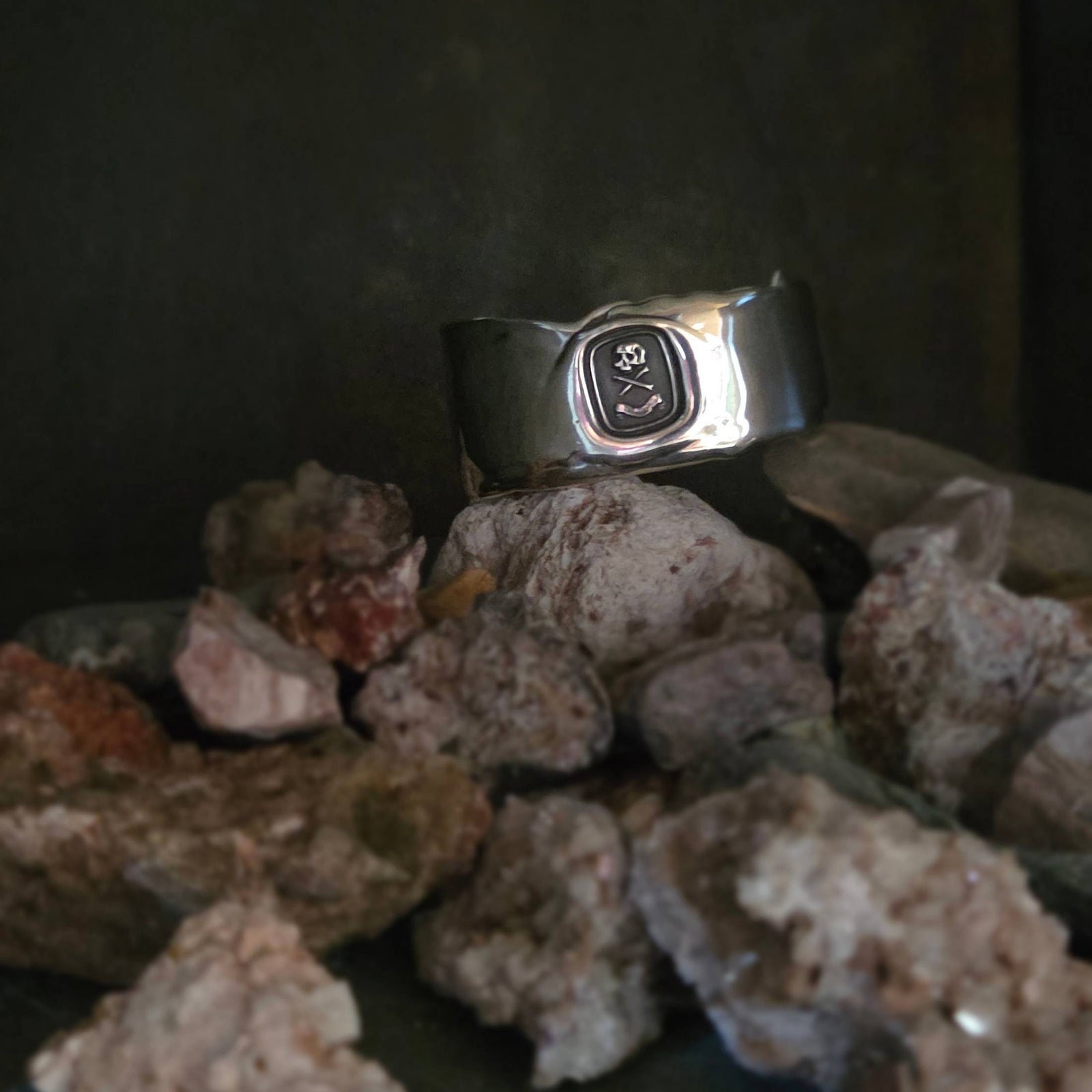 Wide Heavy Cuff Bracelet, "Death or Glory" Seal, Sterling Silver