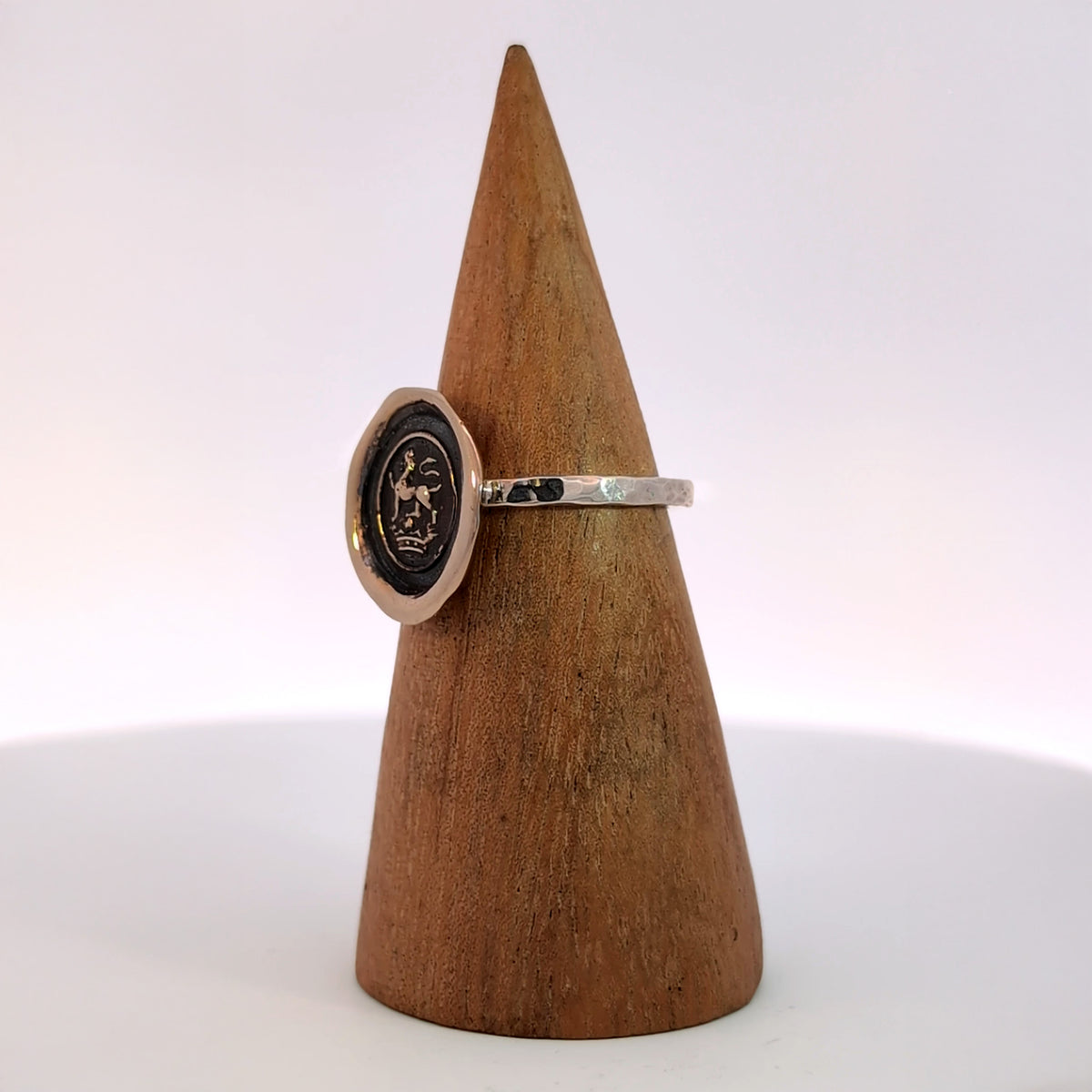 Lion Passant on Crown Seal Ring, Bronze on Sterling, Size 8