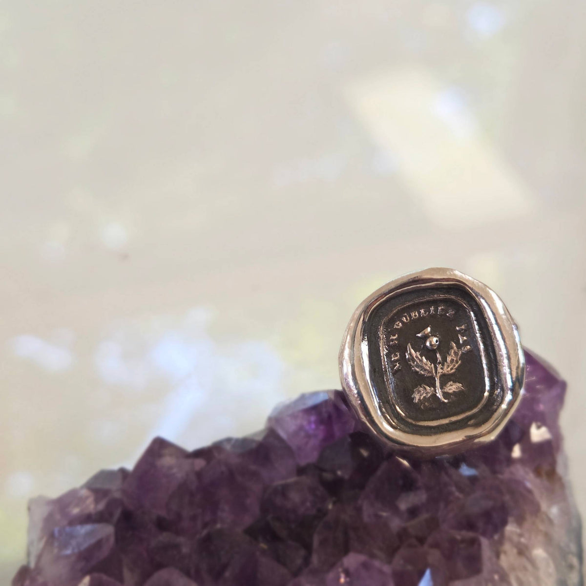 “Do Not Forget Me” Thistle Seal Ring, Sterling Silver, Size 6