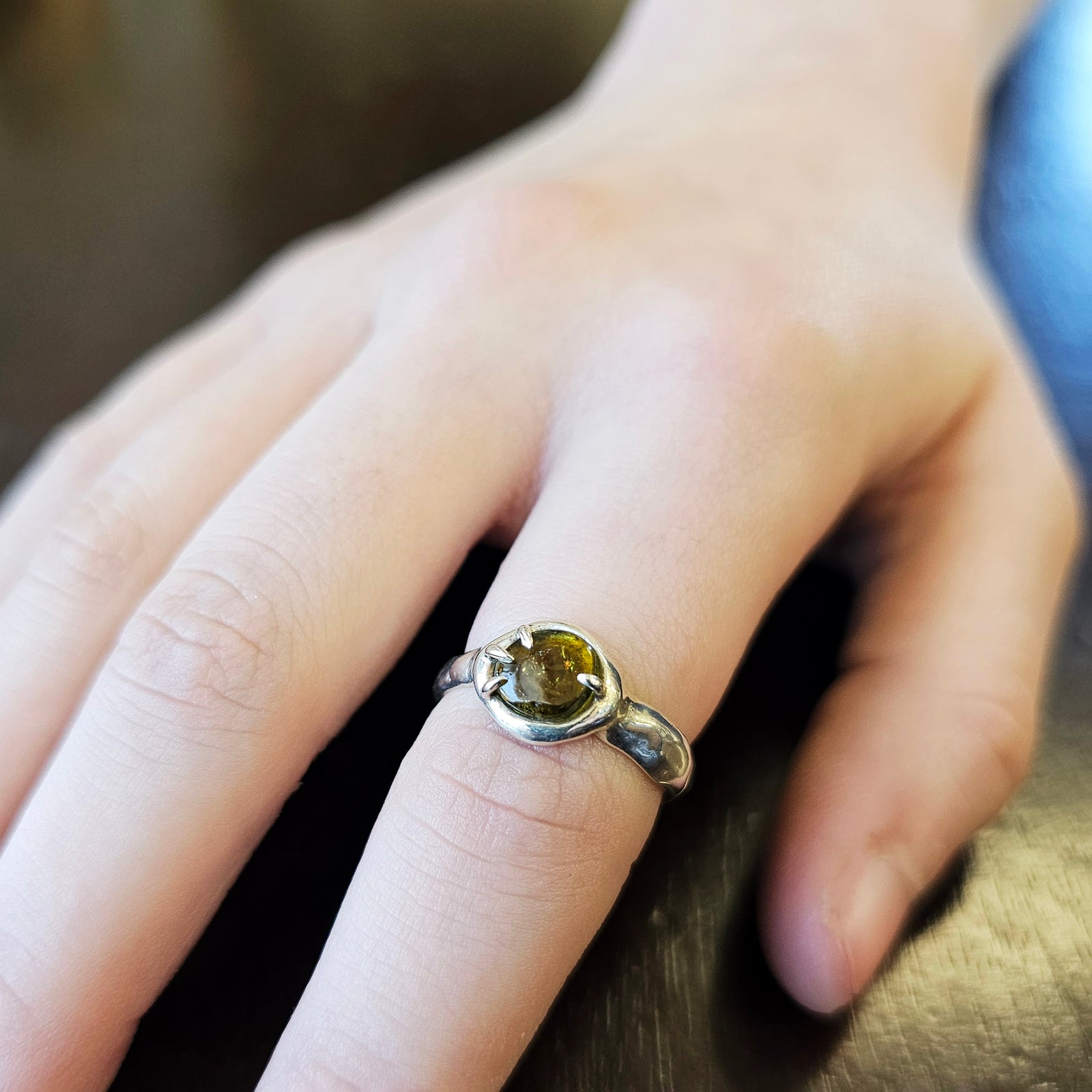 Fairytale Ring with Olive Tourmaline, Sterling Silver, Size 7.25