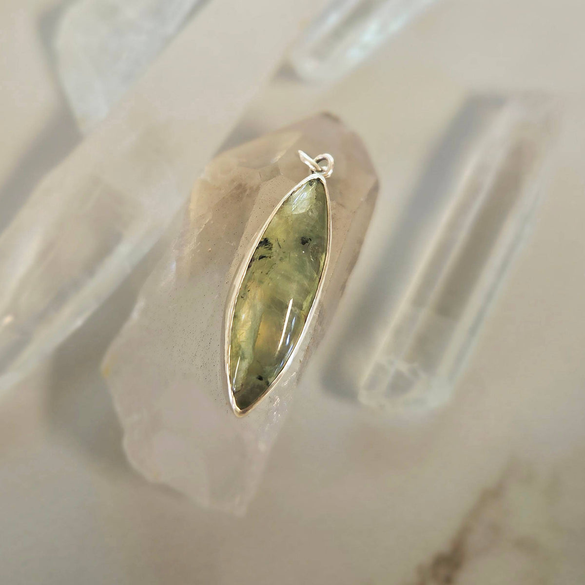 Marquise prehnite pendant in sterling silver bezel