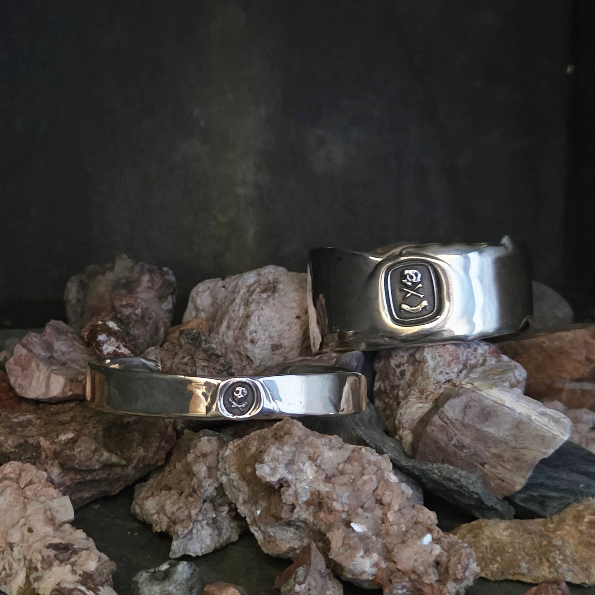 Wide Heavy Cuff Bracelet, &quot;Death or Glory&quot; Seal, Sterling Silver