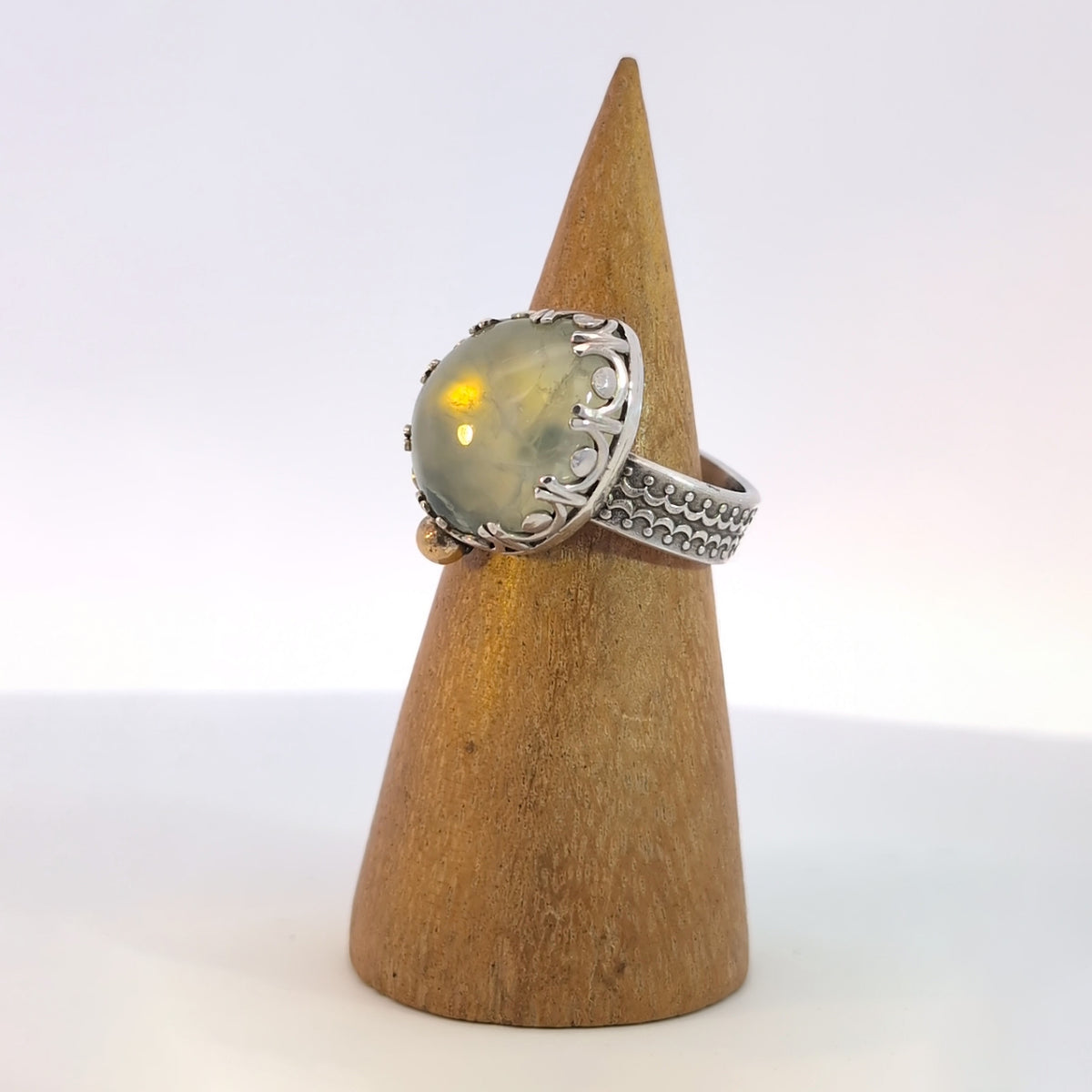 Fairytale Ring with Prehnite, Sterling Silver + 10k Accent, Size 9
